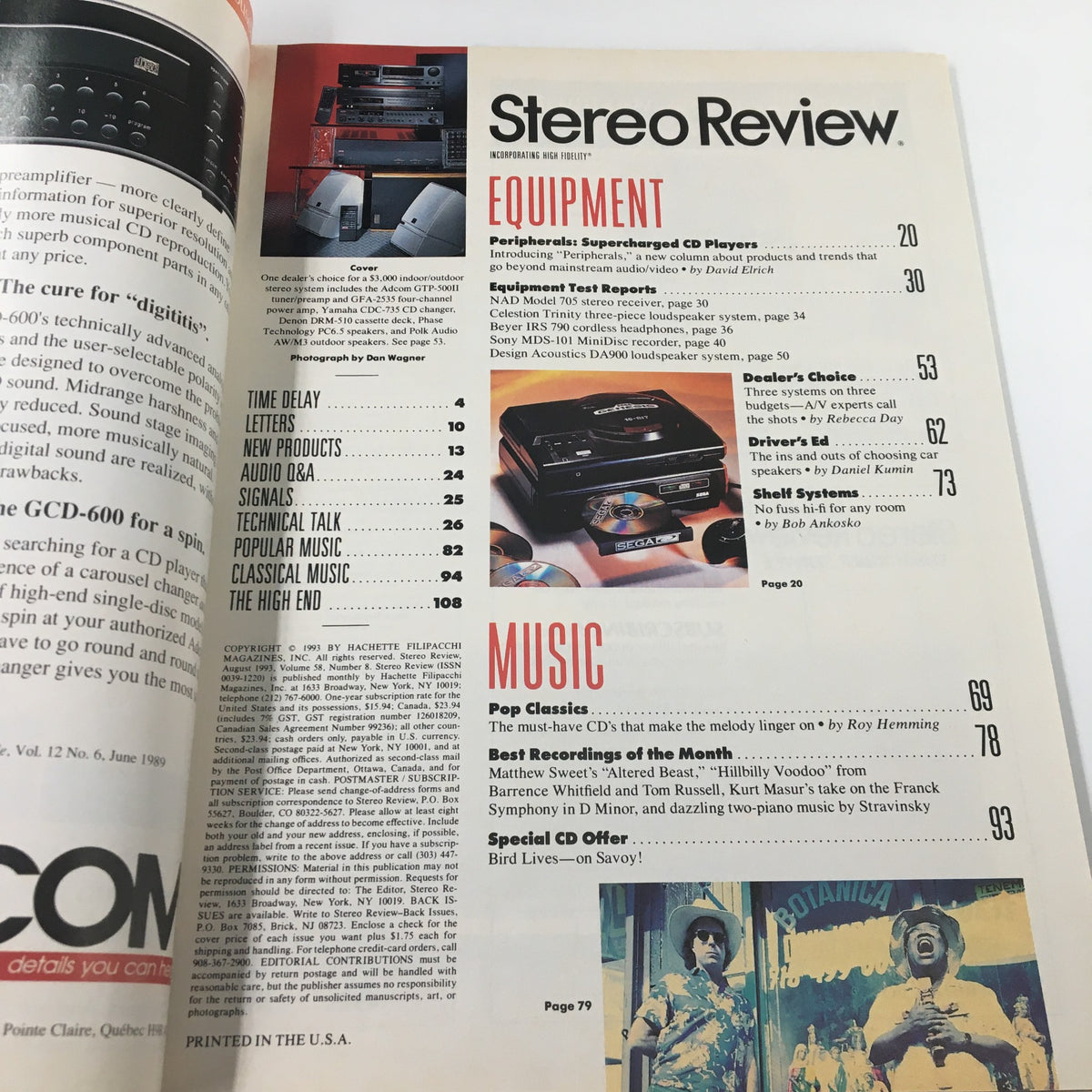 Inside page of Stereo Review Magazine August 1993, highlighting equipment and music features related to Adcom audio products.