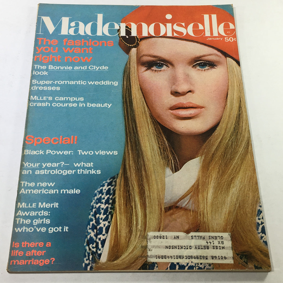 VTG Mademoiselle Magazine January 1968 cover featuring a striking model with long blonde hair wearing a red beret, highlighting fashions of the late 1960s with vibrant visuals and cultural themes.