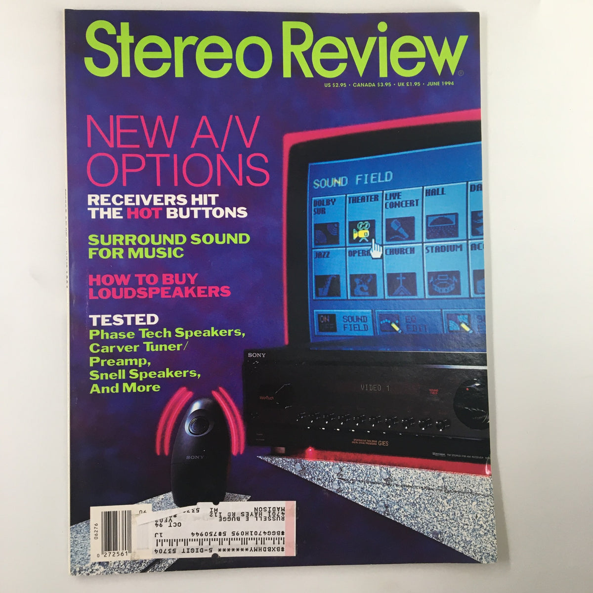 Cover of Stereo Review Magazine June 1994, featuring bold headlines about new A/V options, receivers, and surround sound, highlighting vintage technology in home entertainment.