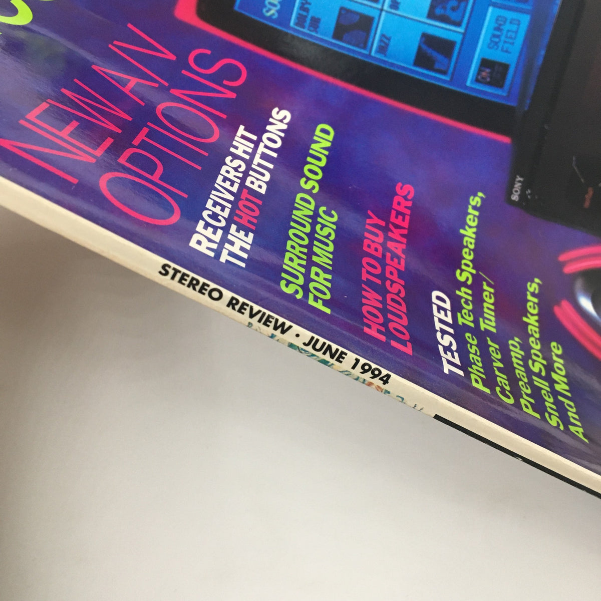 Spine view of Stereo Review Magazine June 1994, showcasing the magazine's title and month, emphasizing its collectible nature in audio and video technology.