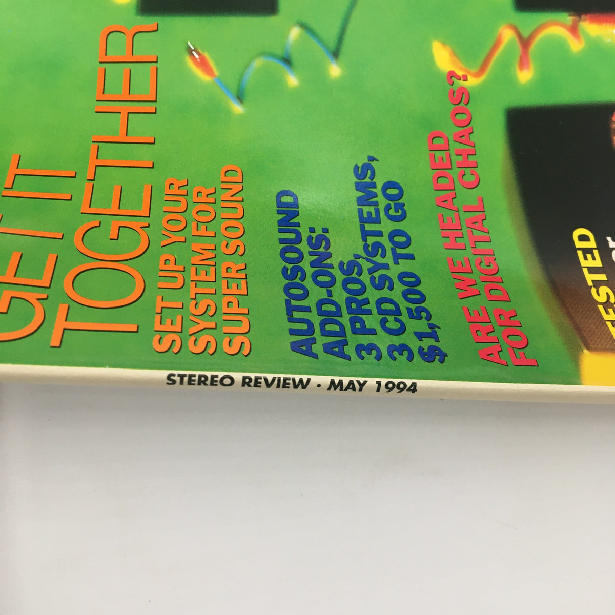 Close-up of the Stereo Review Magazine May 1994 cover highlighting the text 'Get It Together - Set Up Your System for Super Sound'. The design features bold colors and audio-related phrases.