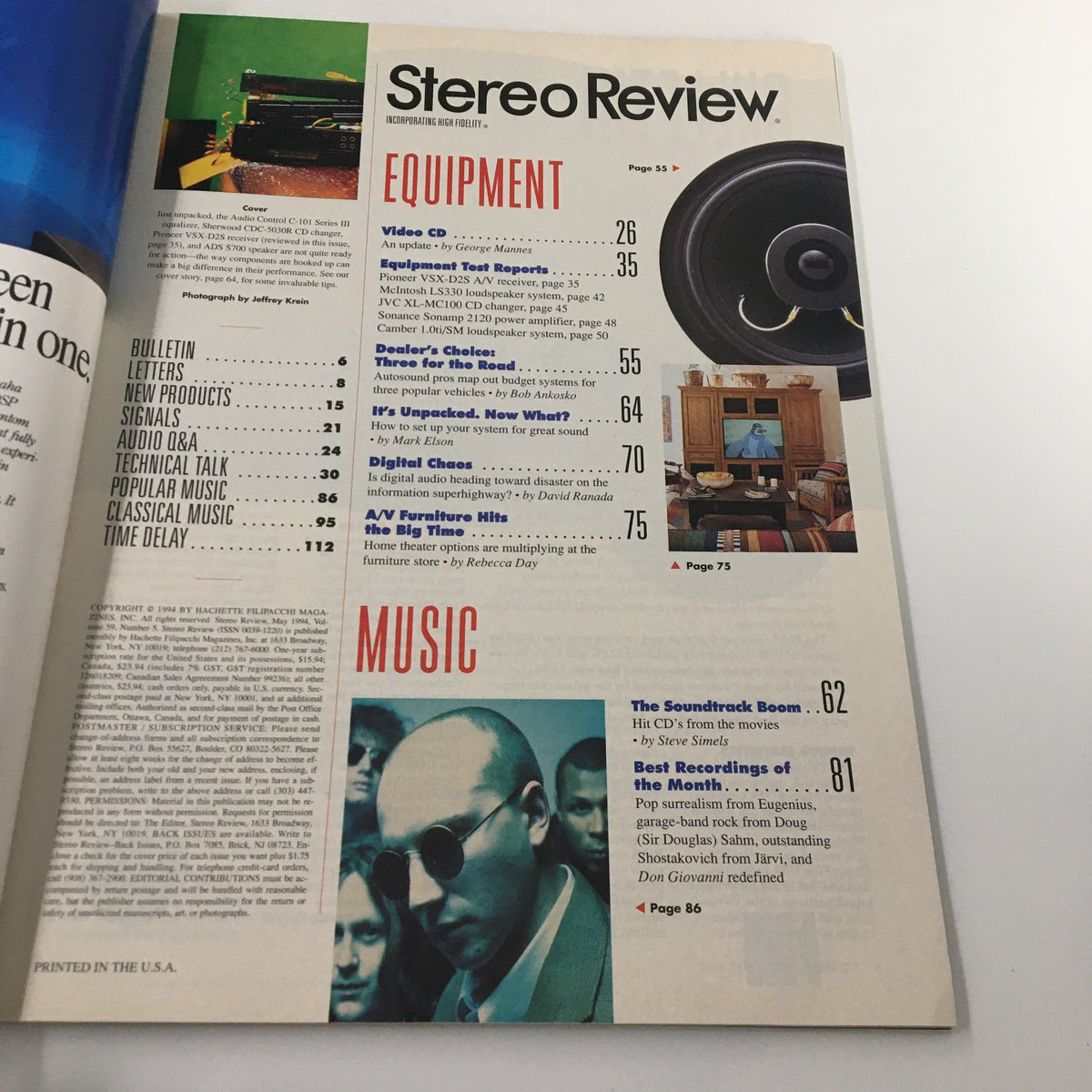 Interior page of Stereo Review Magazine from May 1994, featuring the title 'Set Up Your System for Super Sound'. The layout includes sections on equipment, music, and various articles relevant to audio technology and audiophile culture.