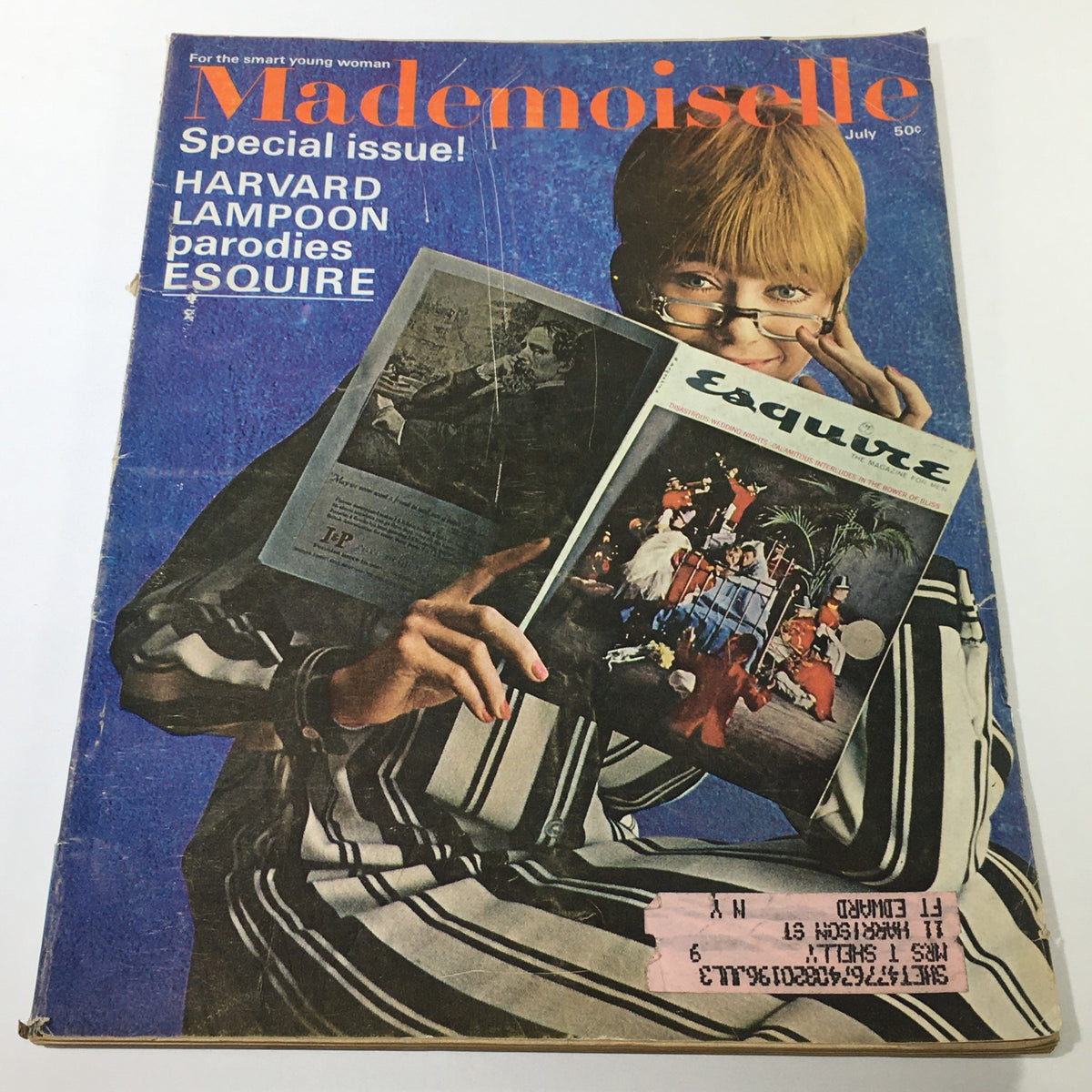 Vintage Mademoiselle Magazine July 1963, featuring a woman wearing glasses holding publications from Harvard Lampoon and Esquire, showcasing classic 1960s fashion and culture.