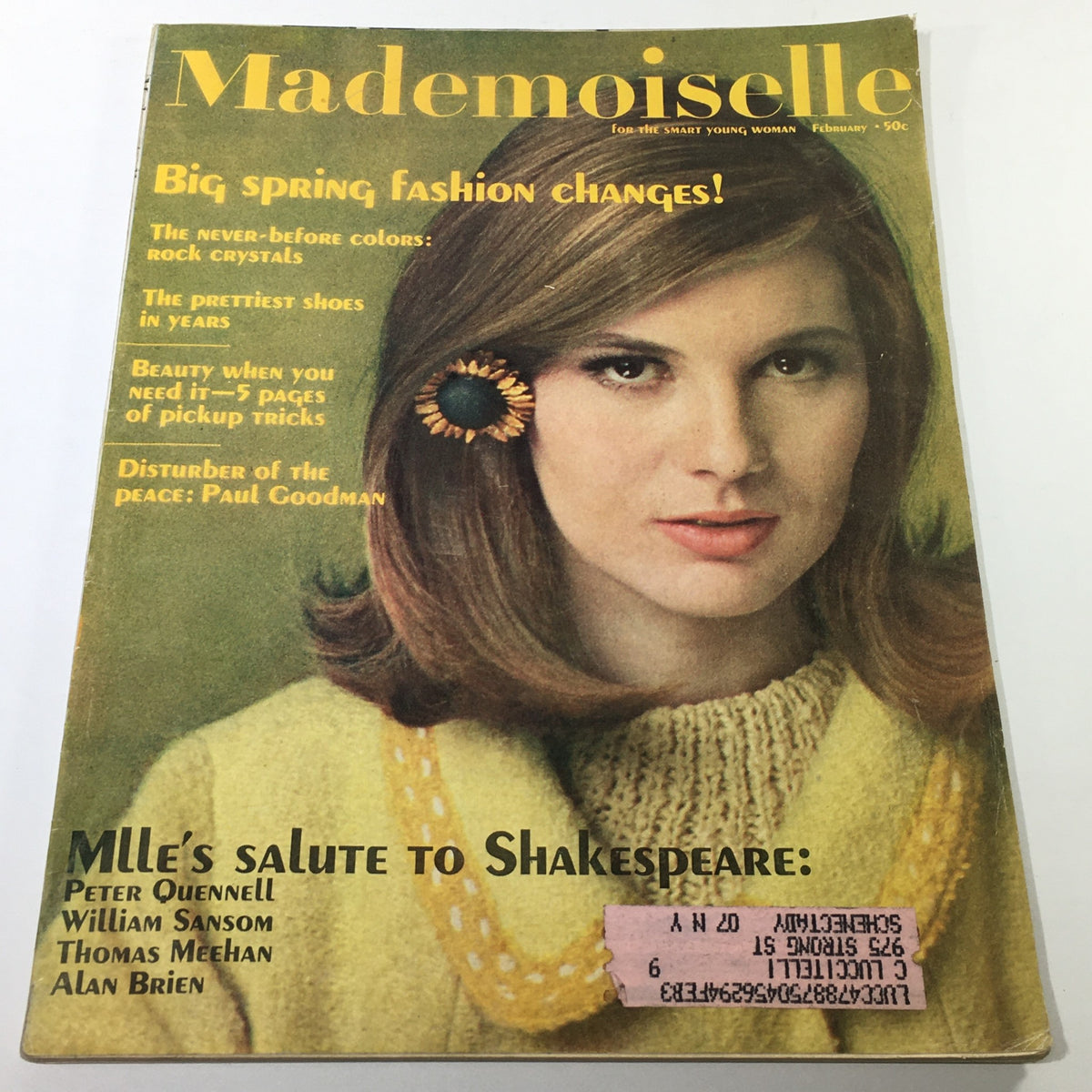 Vintage Mademoiselle Magazine from February 1964 featuring a cover design by George Bakentin, showcasing a young woman in a stylish outfit, with fashion headlines about spring changes and beauty tips.