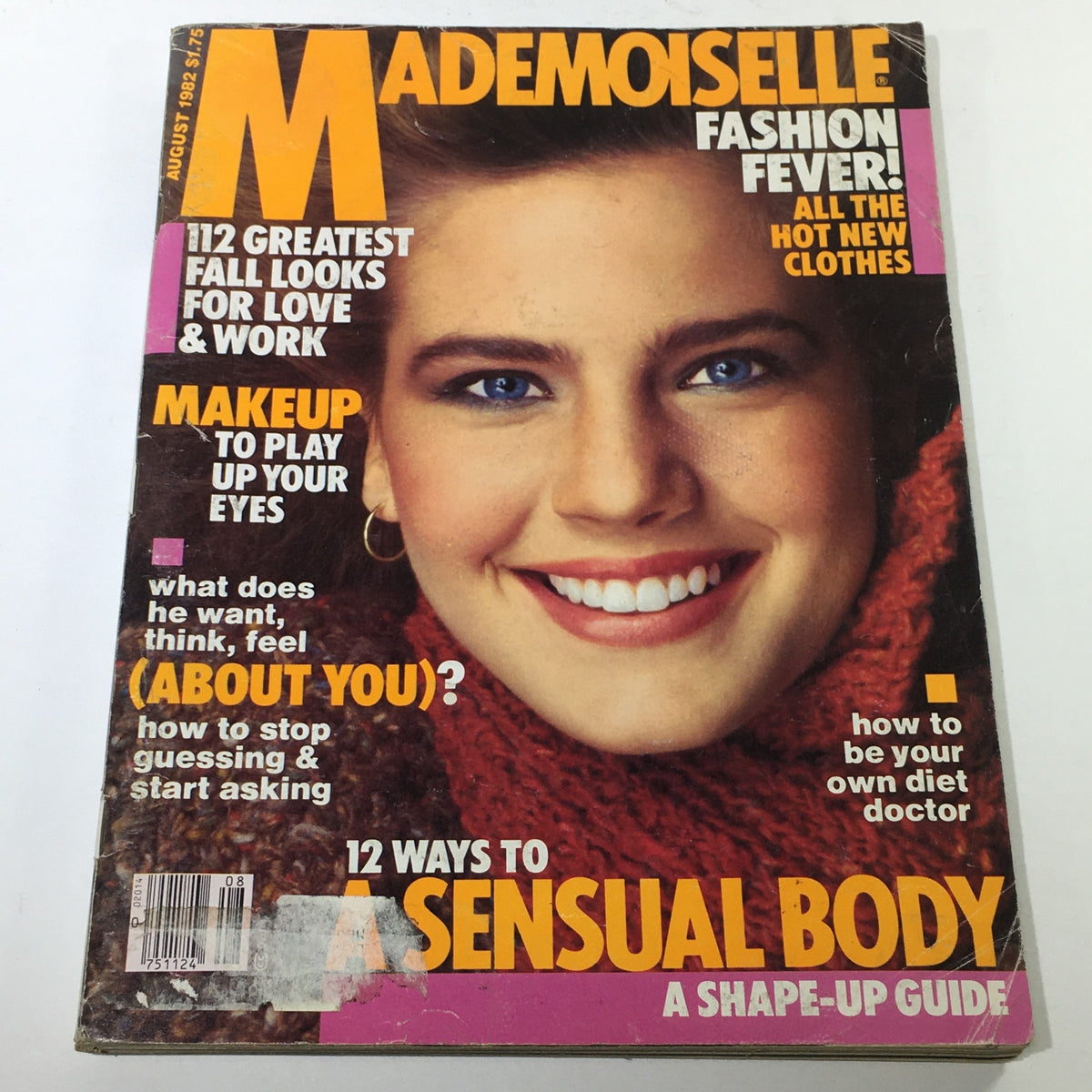 Vintage August 1982 Mademoiselle Magazine featuring a close-up of a smiling model on the cover, highlighting makeup tips and fashion styles, perfect for collectors and enthusiasts of retro magazines.