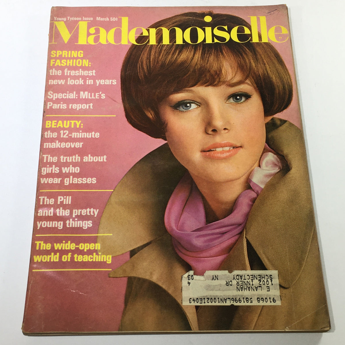 Vintage Mademoiselle Magazine March 1967 cover featuring a model with a stylish bob haircut and a fashionable scarf, highlighting 1960s fashion trends.