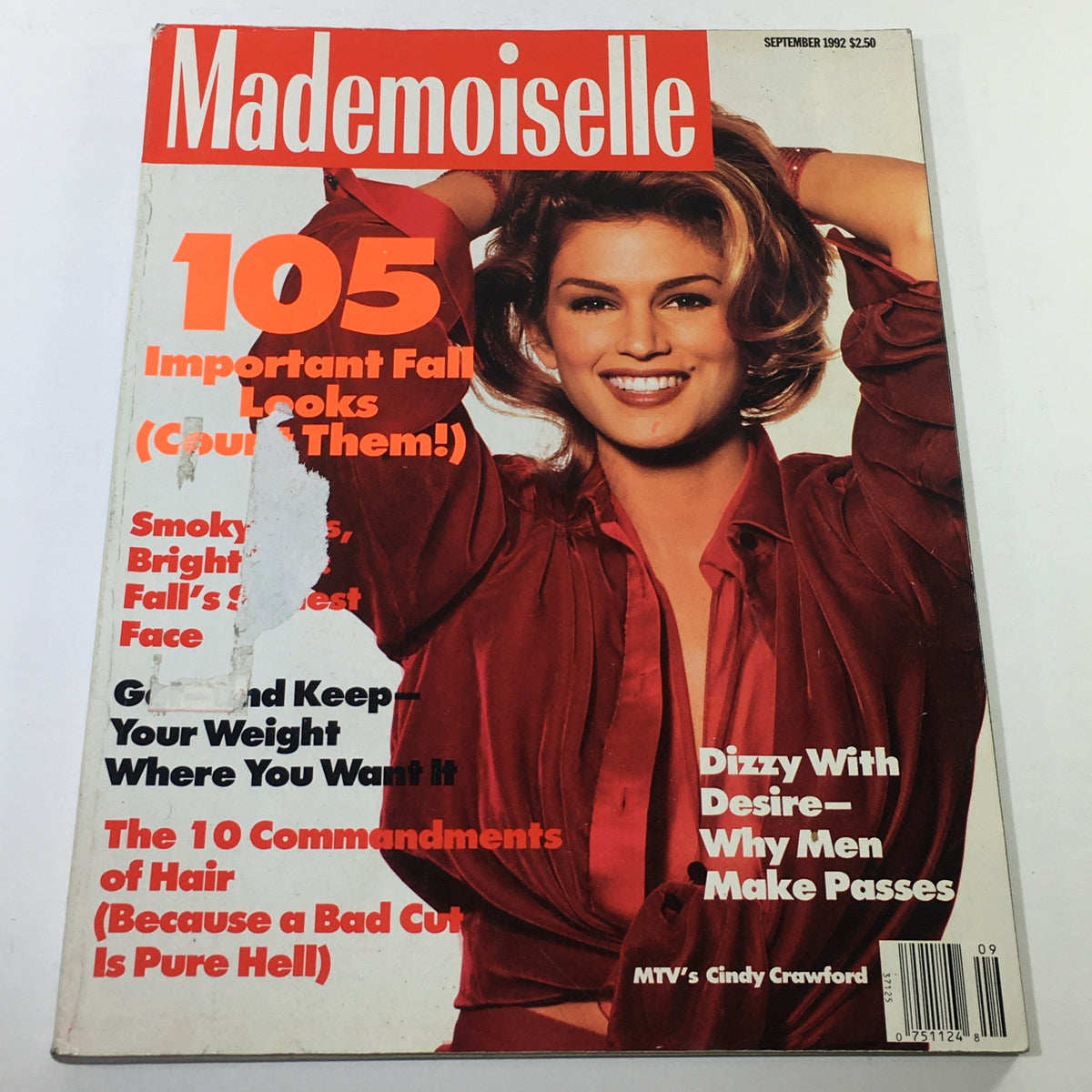 Vintage Mademoiselle Magazine cover from September 1992 featuring the title '105 Important Fall Looks (Count Them!)' with a model displaying a stylish smile. The issue highlights fashion trends and lifestyle insights from the early 90s, making it a collectible piece of magazine history.