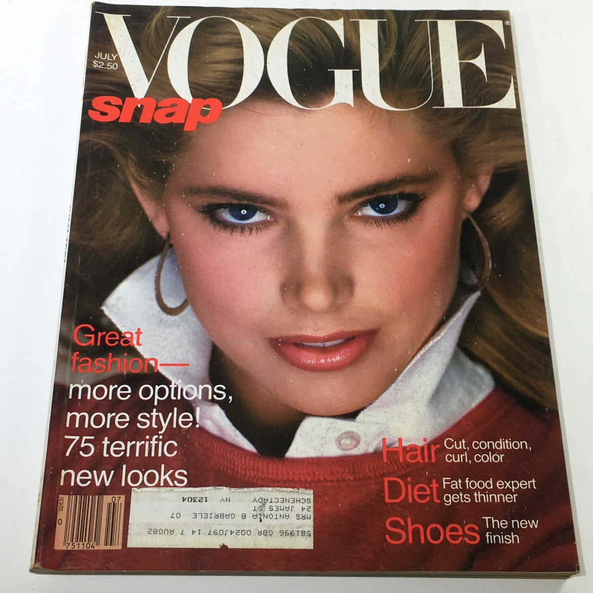 VTG Vogue Magazine July 1981 Kelly Emberg Full Cover featuring a close-up of a model with striking blue eyes, showcasing 1980s fashion trends and styles.