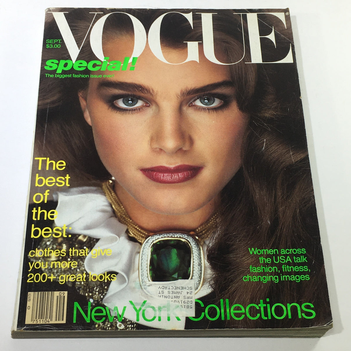 VTG Vogue Magazine September 1981 Full Cover featuring Brooke Shields with striking blue eyes and a statement necklace.
