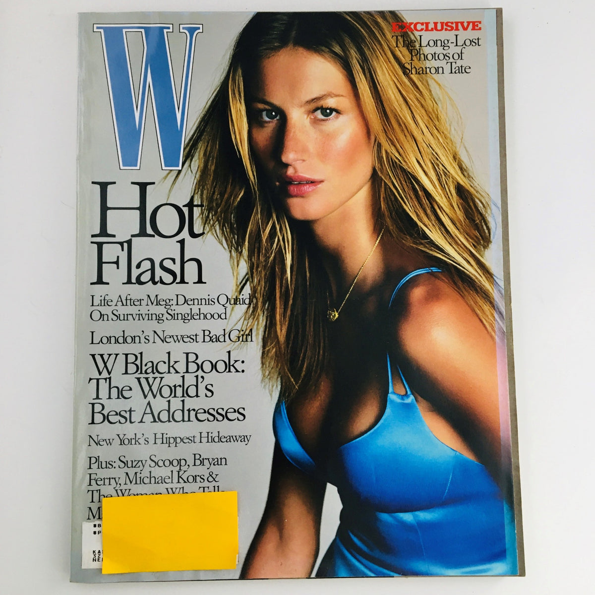 W Magazine August 2001 cover featuring Brazilian Model Gisele Bündchen, highlighting her stunning beauty and fashion influence, with an exclusive feature on Sharon Tate and content about New York's hottest addresses.
