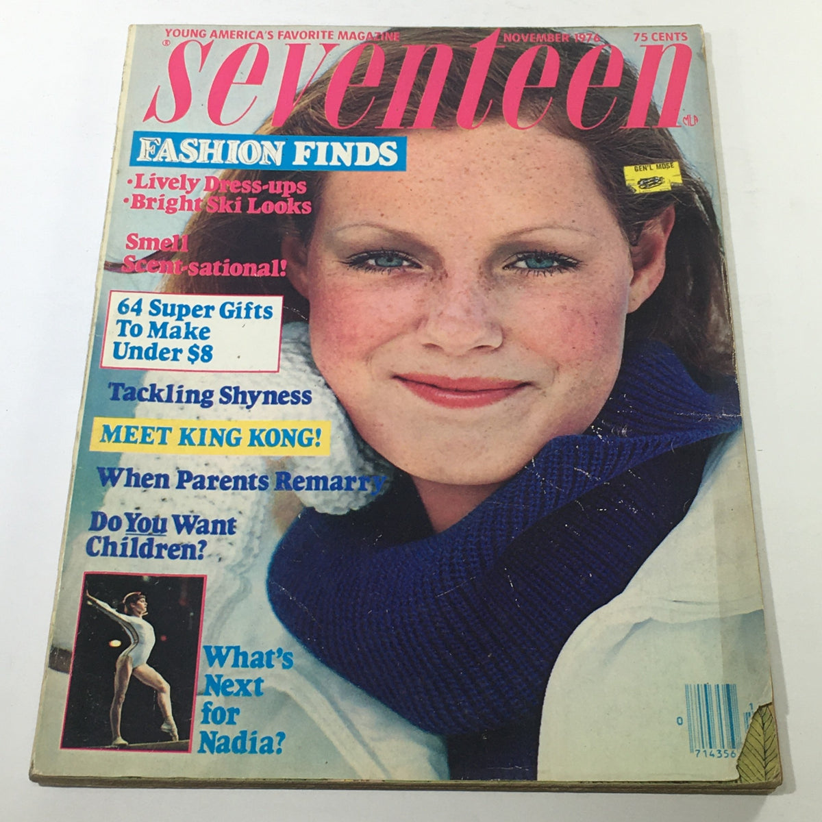 VTG Seventeen Magazine: November 1976 cover featuring Sarah Forristal with bold headlines on fashion finds, tackling shyness, and more, showcasing vintage 1970s teenage culture.
