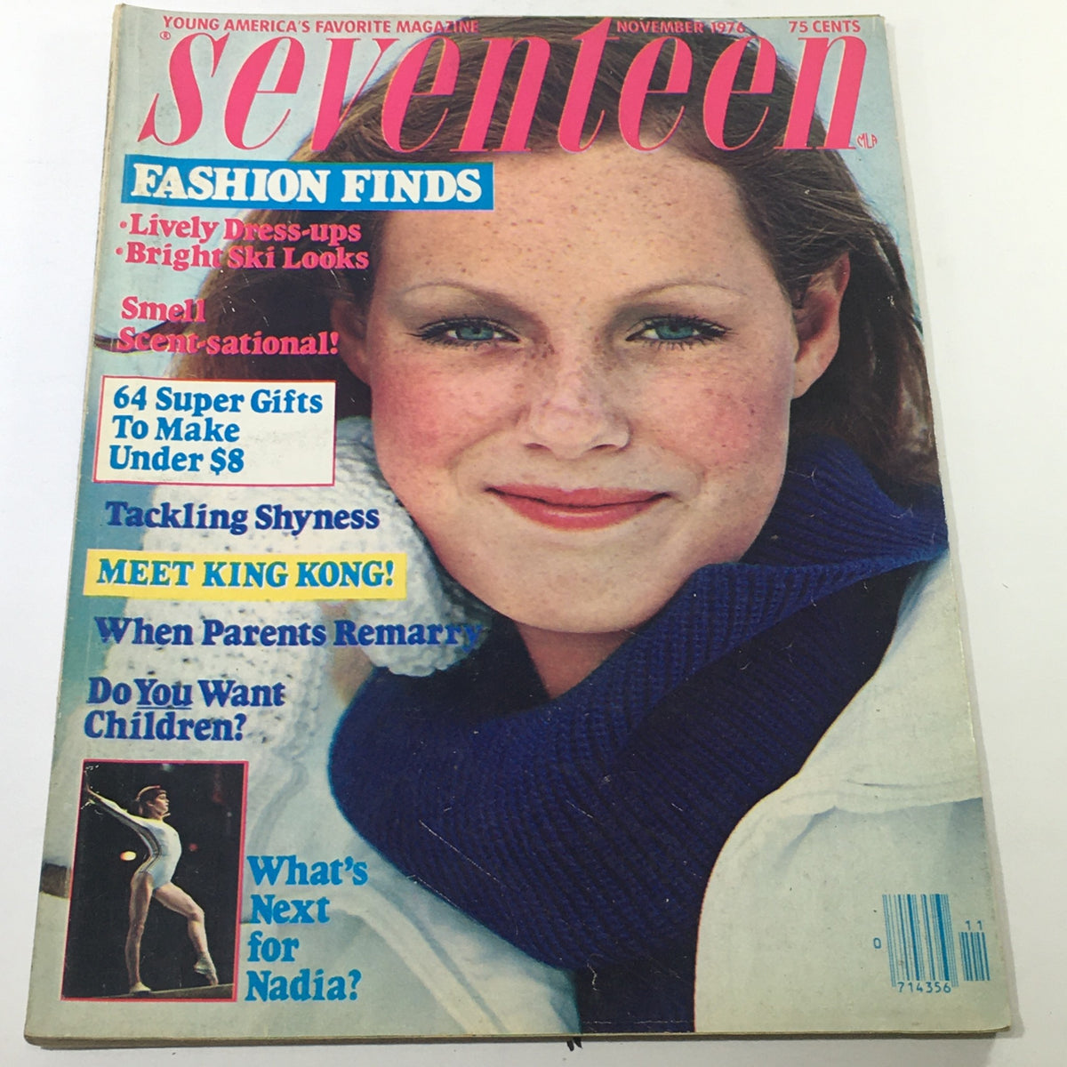 VTG Seventeen Magazine: November 1976 cover featuring Sarah Forristal with headlines on fashion finds, gifts, and topics relevant to young readers.