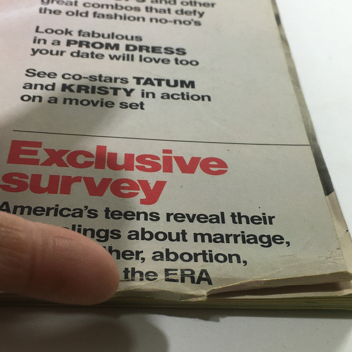Image of the inside margin of the VTG Seventeen Magazine: March 1980 - Caitlin Abramovitz Cover, highlighting the title of an exclusive survey about teens' views on marriage and more.