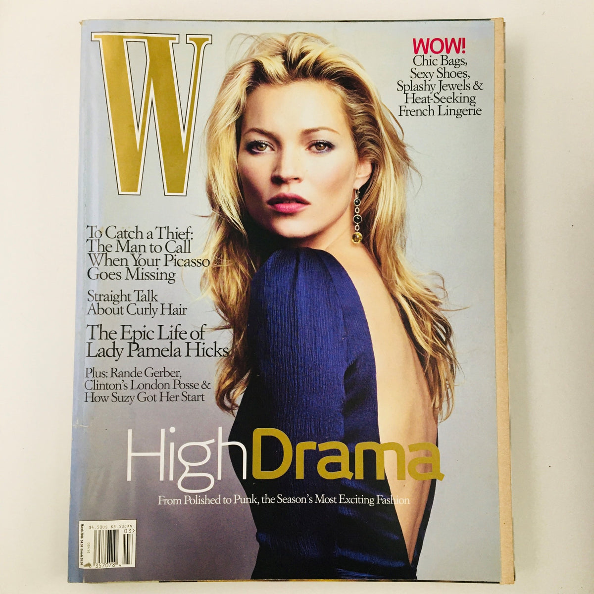 W Magazine March 2006 cover featuring model Kate Moss, presenting high fashion and the epic life of Lady Pamela Hicks, showcasing elegance and iconic style from the early 2000s.