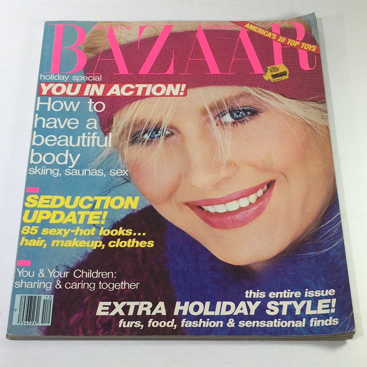 Bazaar Magazine December 1981 featuring a vibrant holiday cover with a smiling model and text highlighting body image and fashion tips.
