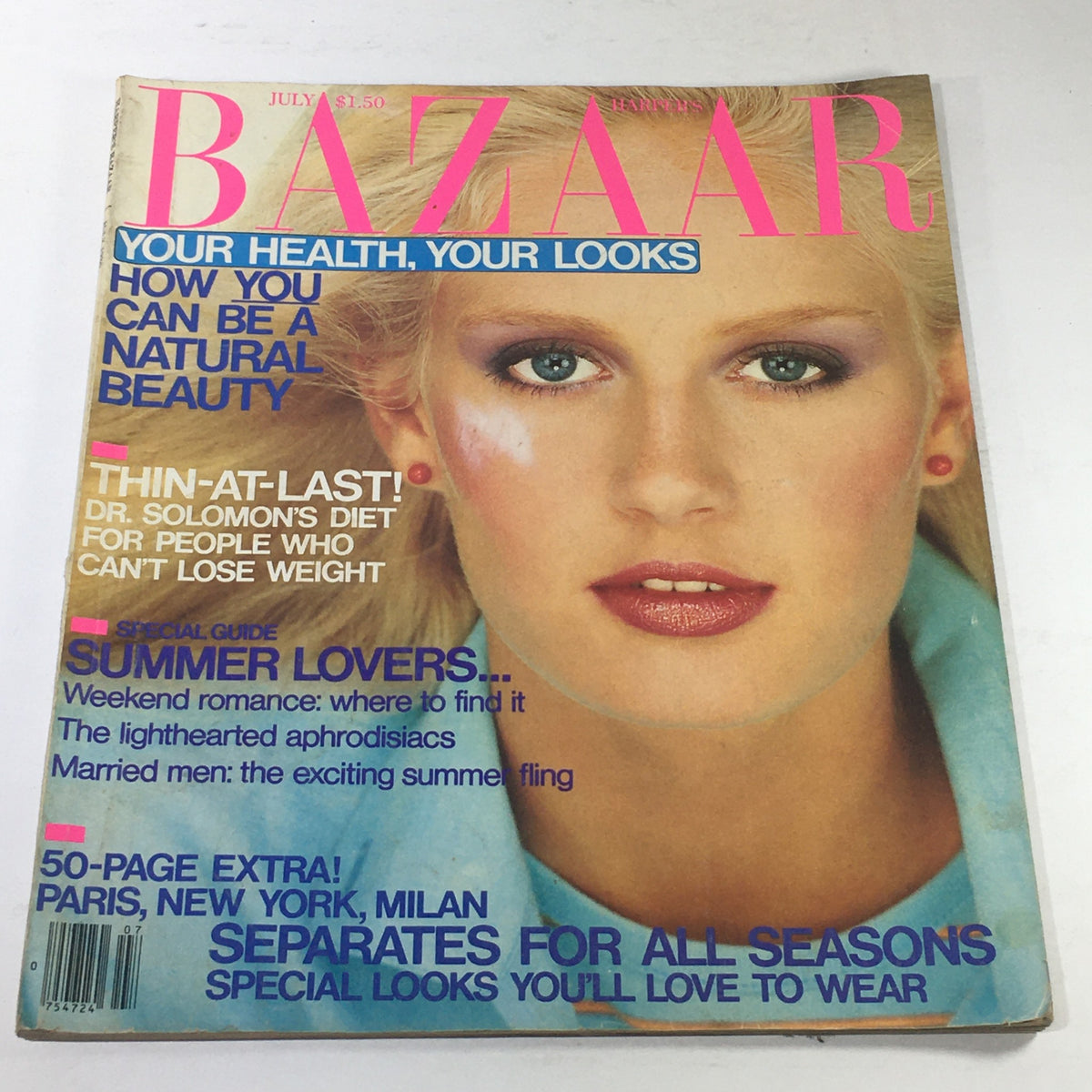 Vintage Bazaar magazine cover from July 1980 featuring a close-up of a model with a natural beauty aesthetic. The title reads 'BAZAAR' with colorful headings on topics such as health, beauty, and summer romance, encapsulating the fashion and cultural style of the late 20th century.