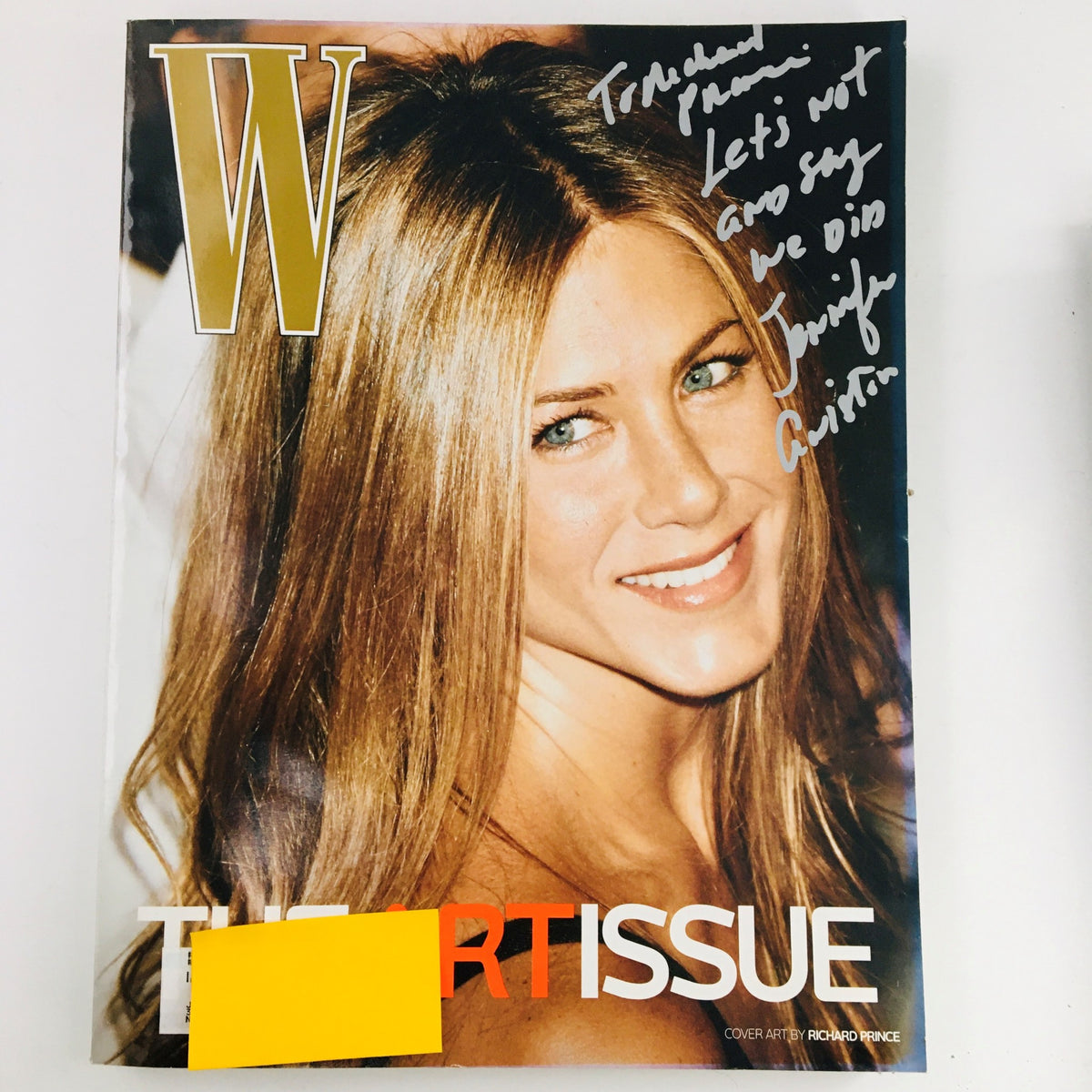 W Magazine November 2007 issue featuring actress Jennifer Aniston on the cover, with an inscription handwritten on the cover. A nostalgic piece of celebrity culture capturing the theme of 'Second Time Around'.
