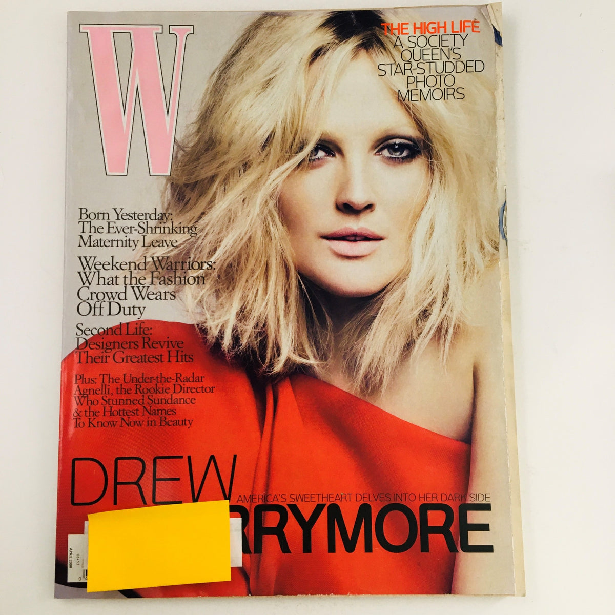 Cover of W Magazine April 2009 featuring actress Drew Barrymore, known as America's Sweetheart, showcasing her iconic hairstyle and style in a vintage magazine format.