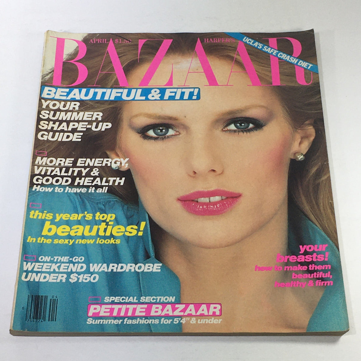 Cover of VTG Bazaar Magazine: April 1981 featuring a model with blue eyes and pink lips, highlighted by bright pink text stating 'BAZAAR BEAUTIFUL & FIT!'