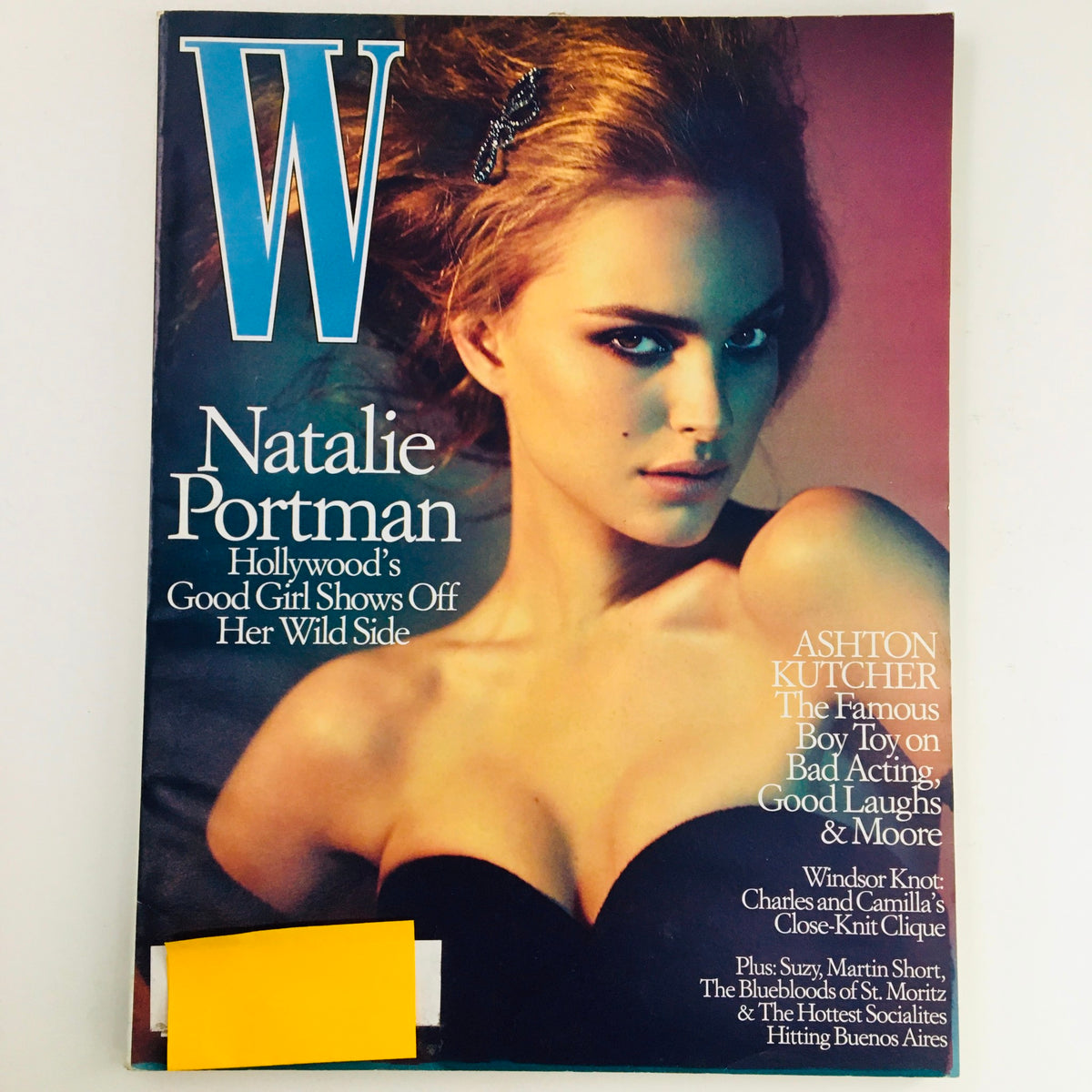 W Magazine May 2005 cover featuring Natalie Portman as Hollywood's Good Girl and Ashton Kutcher, showcasing vintage celebrity style and allure.