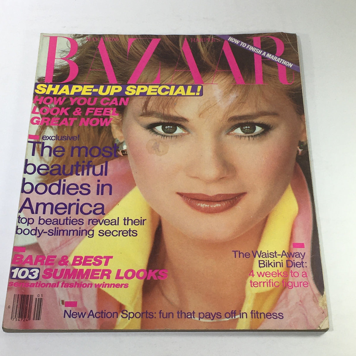Vintage Bazaar Magazine Cover from May 1982 featuring Kim Alexis, showcasing fashion trends and beauty from the early '80s.