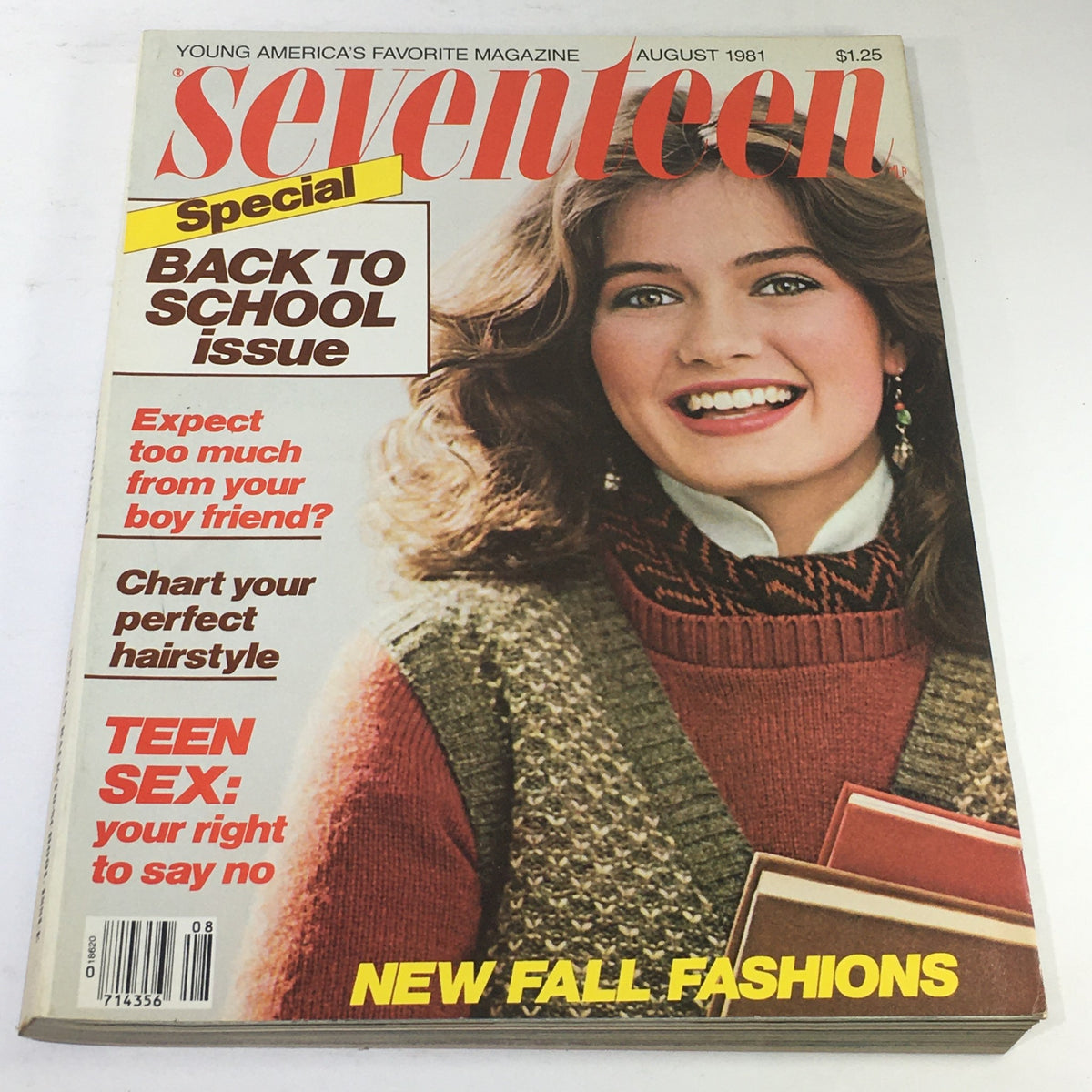 VTG Seventeen Magazine: August 1981 featuring a smiling young woman on the cover. The magazine highlights topics like back to school tips, hairstyles, and teenage issues, capturing the essence of youth culture in the early 80s.