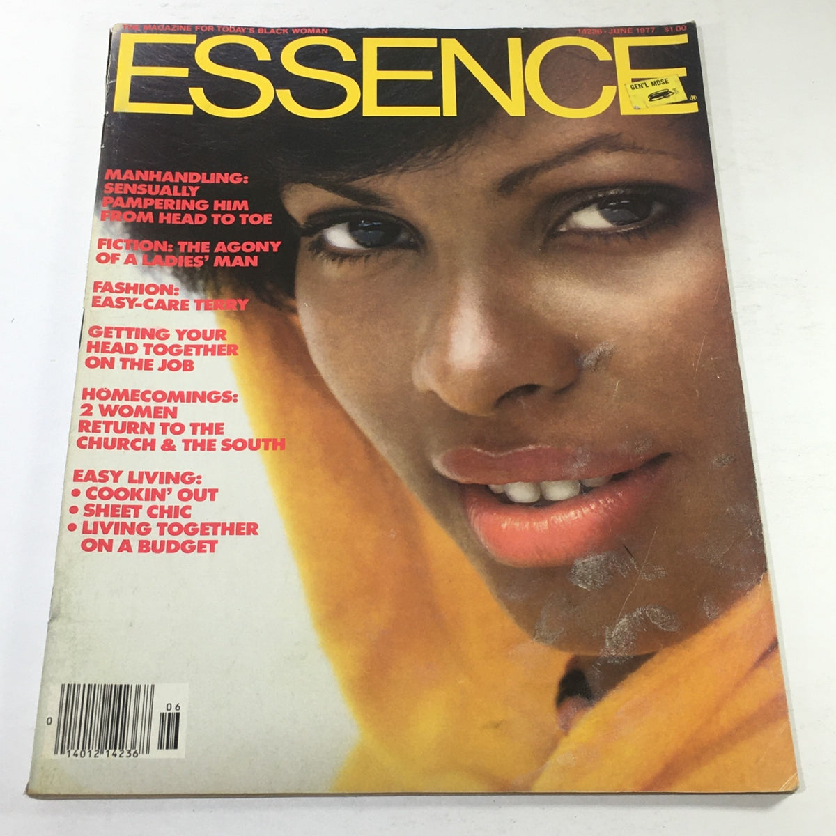 Vintage Essence Magazine June 1977 featuring a beautiful close-up cover image of a woman smiling, showcasing 1970s fashion and cultural themes.