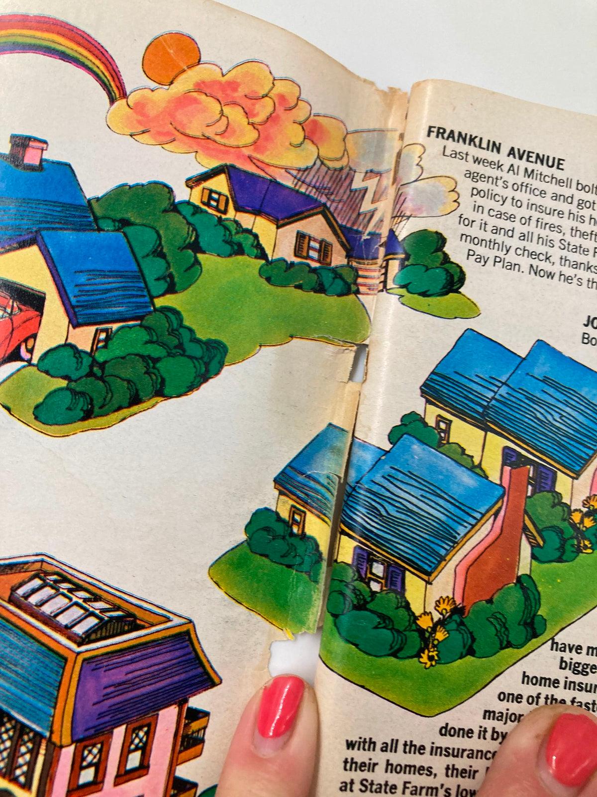 Interior page of TV Guide Magazine February 1, 1969, showcasing colorful illustrations of houses with a rainbow, illustrating the playful design style of the era.