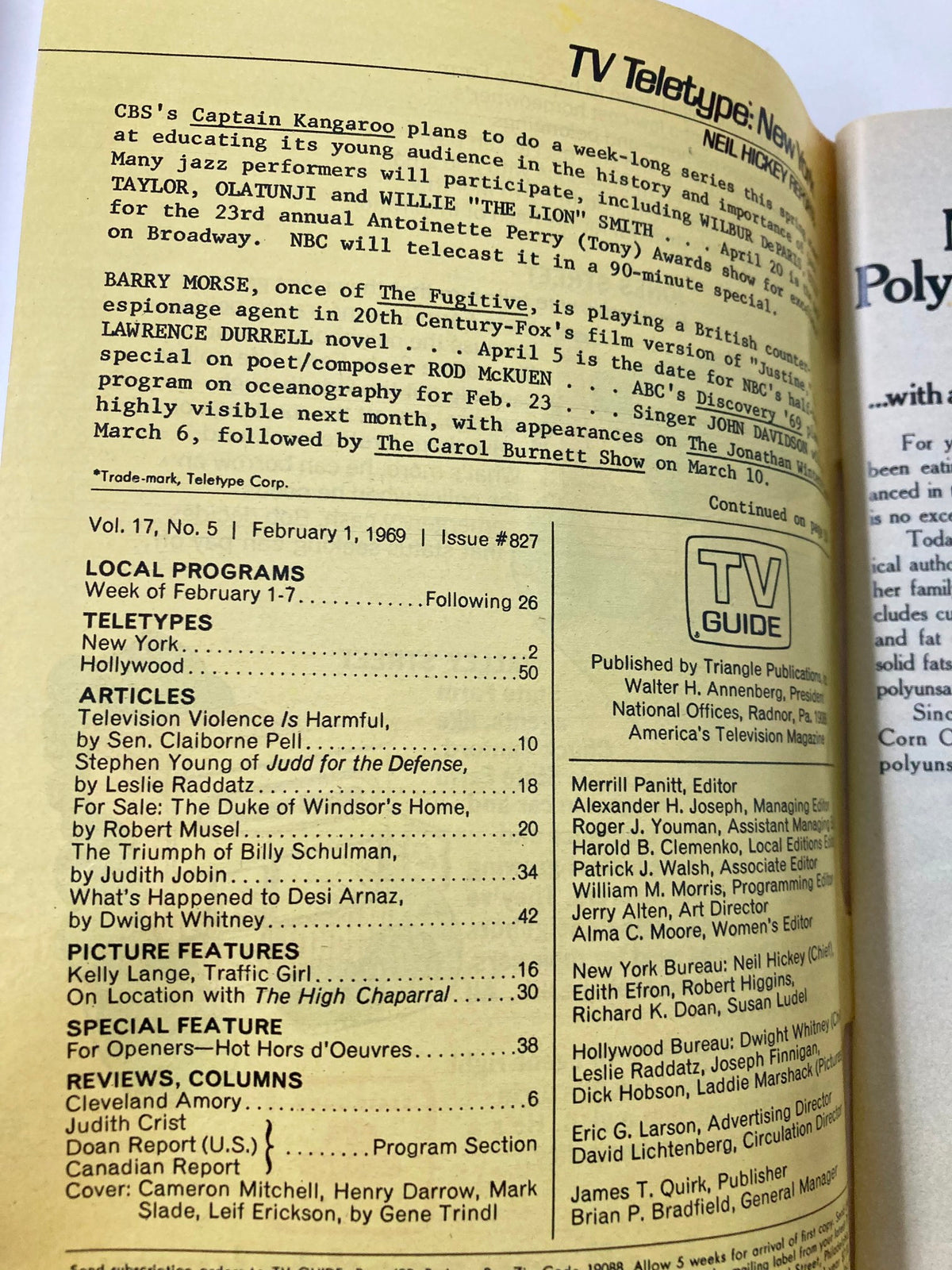 Teletypes section of TV Guide Magazine February 1, 1969, displaying local program listings and articles relevant to the 1960s television shows.