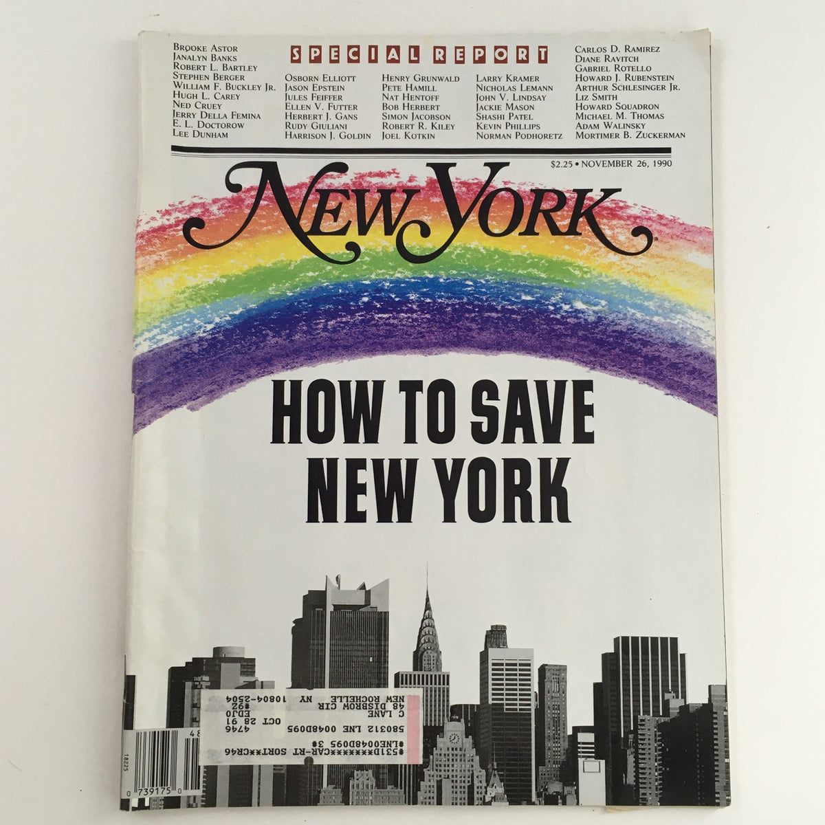 Cover image of New York Magazine, November 26, 1990, featuring a special report titled 'How to Save New York' with prominent figures including Brooke Astor, Janalyn Banks, and Pete Hamill, showcasing a vibrant design with a rainbow motif and a city skyline.