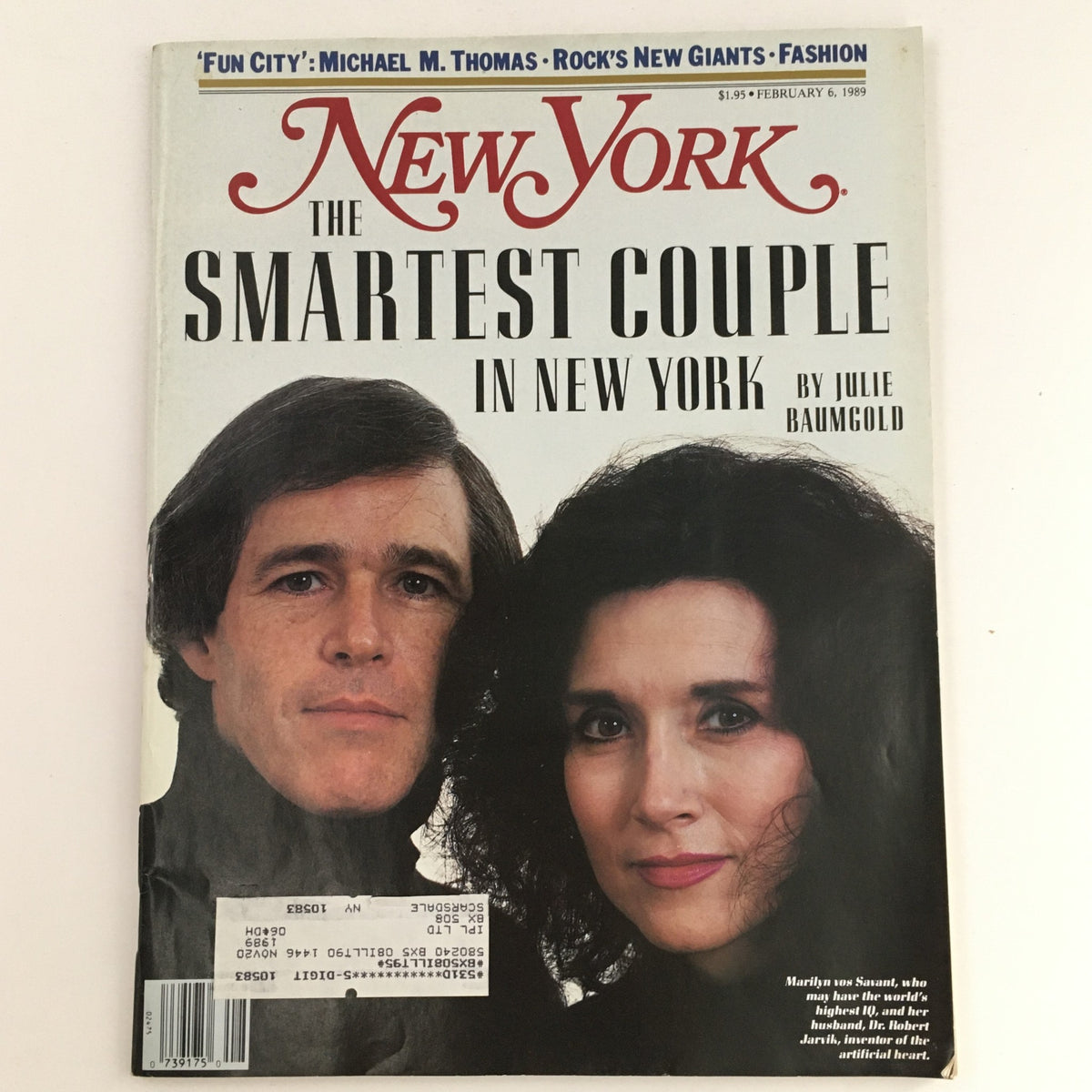 Cover of New York Magazine February 6, 1986 featuring Marilyn vos Savant and Robert Jarvik with the headline 'The Smartest Couple in New York.' This vintage magazine highlights significant cultural figures and intellectual discourse from the 1980s.