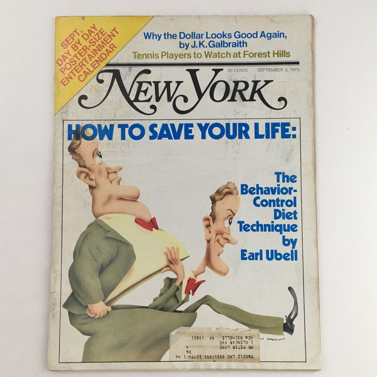 Cover of New York Magazine September 3, 1973, featuring the article 'The Behavior-Control Diet Technique' by Earl Ubell. The cover shows a cartoonish illustration of two characters related to dieting, alongside headlines about saving your life and economic content.