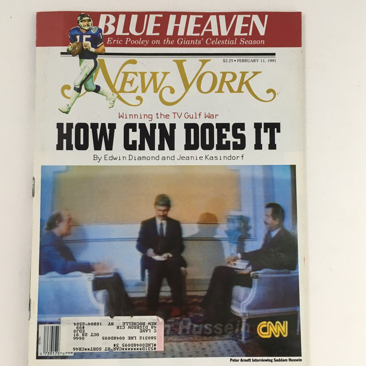 Cover of New York Magazine from February 11, 1991 featuring the title 'Winning the TV Gulf War' and an article by Eric Pooley on the Giants' Celestial Season.