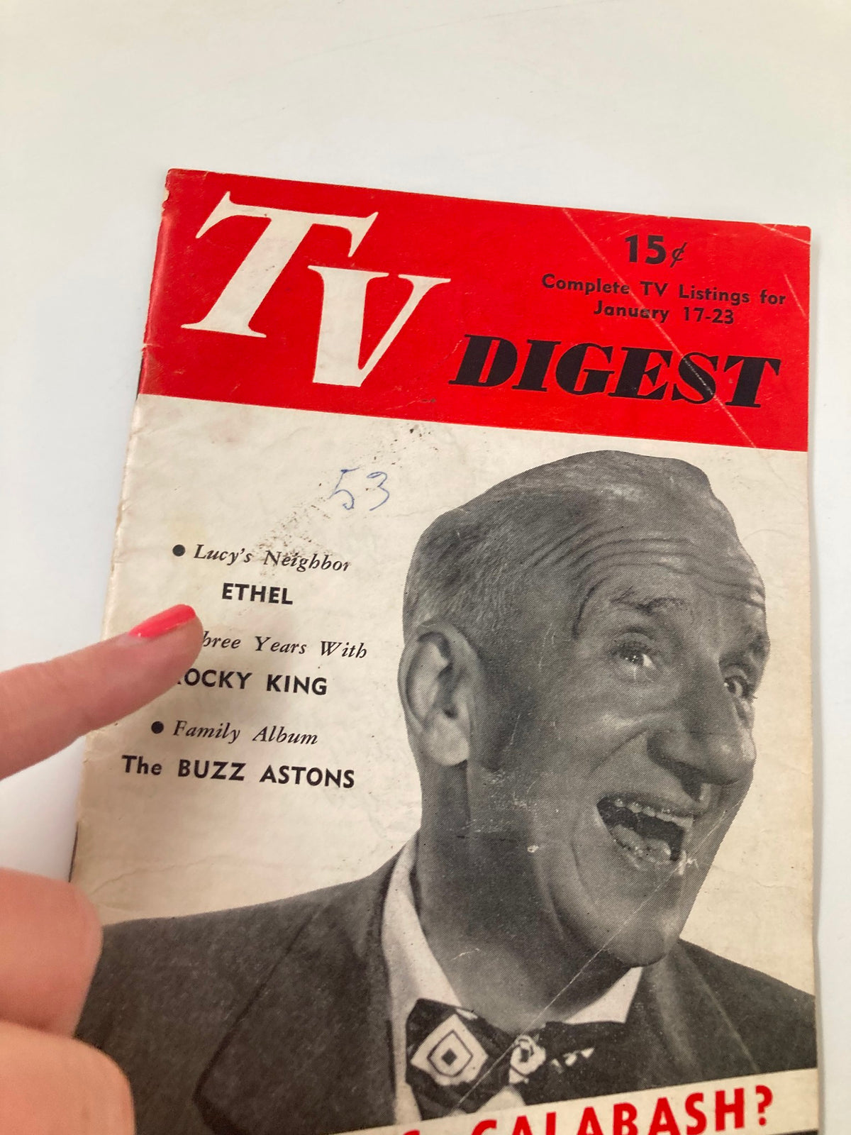 Close-up of the cover of TV Digest Magazine January 17 1953 highlighting the articles 'Lucy's Neighbor Ethel', 'Three Years With Rocky King', and 'The Buzz Astons'.