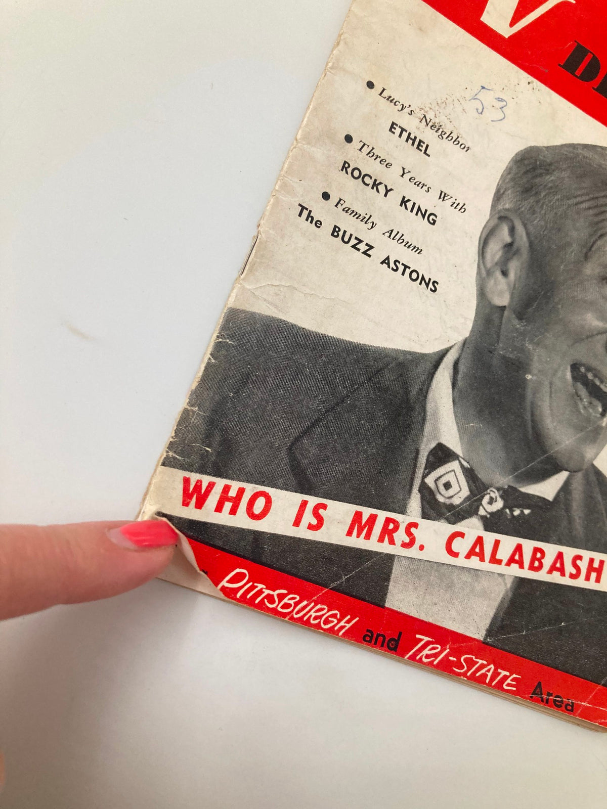 Detailed view of the bottom of the cover of TV Digest Magazine January 17 1953 showing the text 'WHO IS MRS. CALABASH?' and the publication's regional focus.