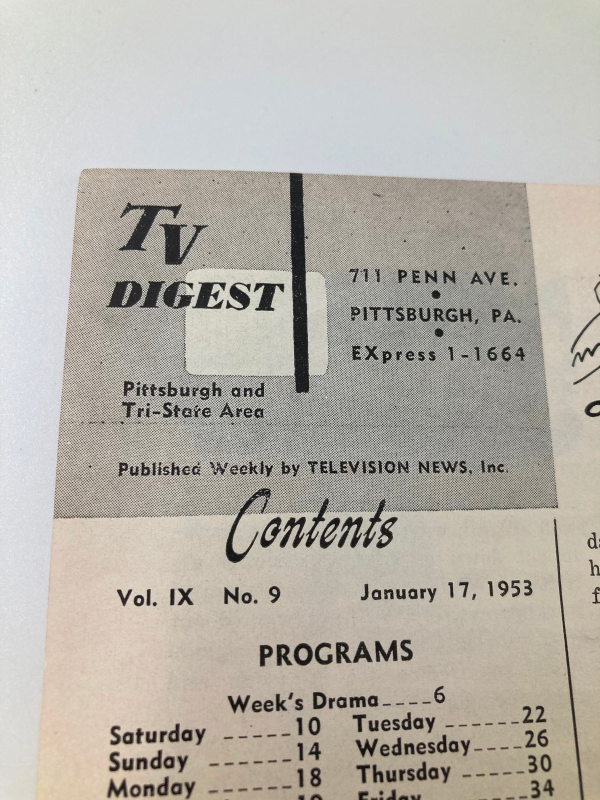 Inside page of the TV Digest Magazine January 17 1953 showing the publication details along with the table of contents.