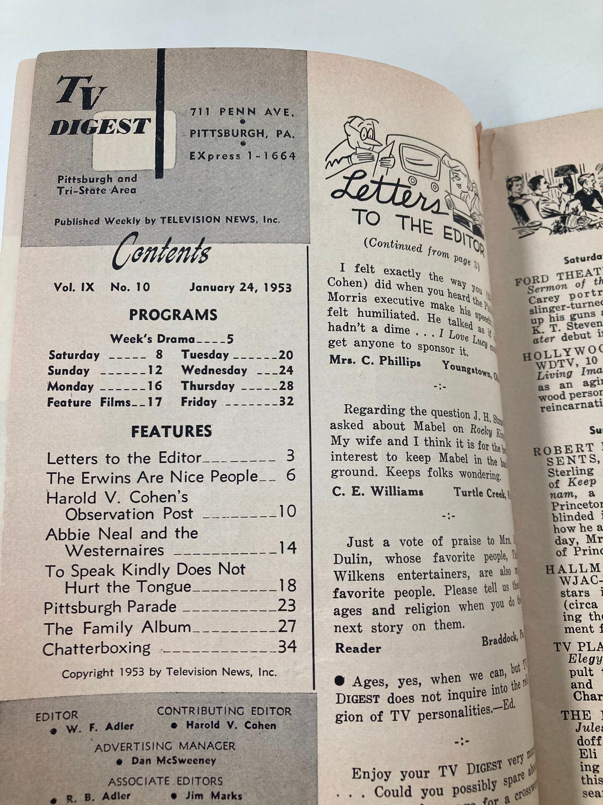Inside contents page of TV Digest Magazine January 24, 1953 showing articles and program listings, highlighting features such as 'The Erwins Are Nice People' and 'Abbie Neal and the Westernaires'.