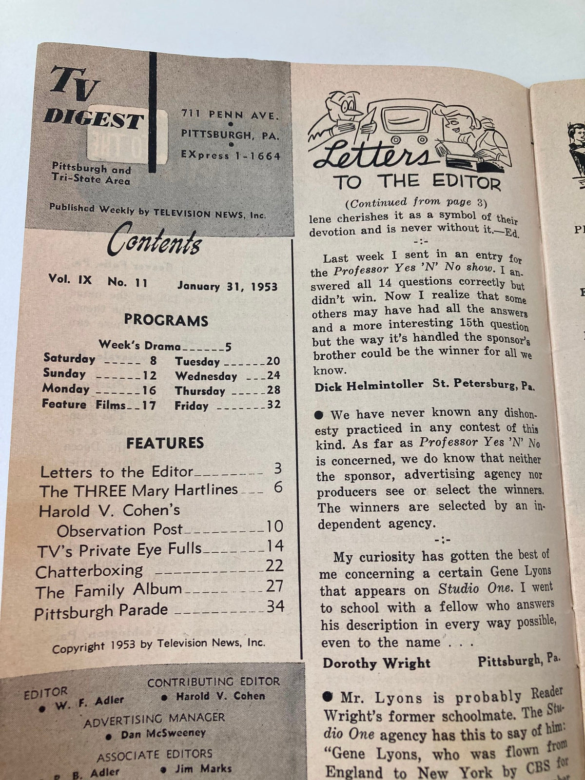 Interior page of TV Digest Magazine January 31 1953 displaying contents and features, highlighting shows and articles related to Pittsburgh and Tri-State area.