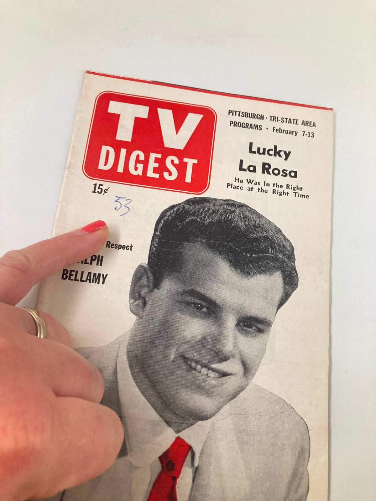 Close-up of TV Digest Magazine cover from February 7, 1953, highlighting Ralph Bellamy, Pittsburgh/Tri-State Edition, with a vintage style.