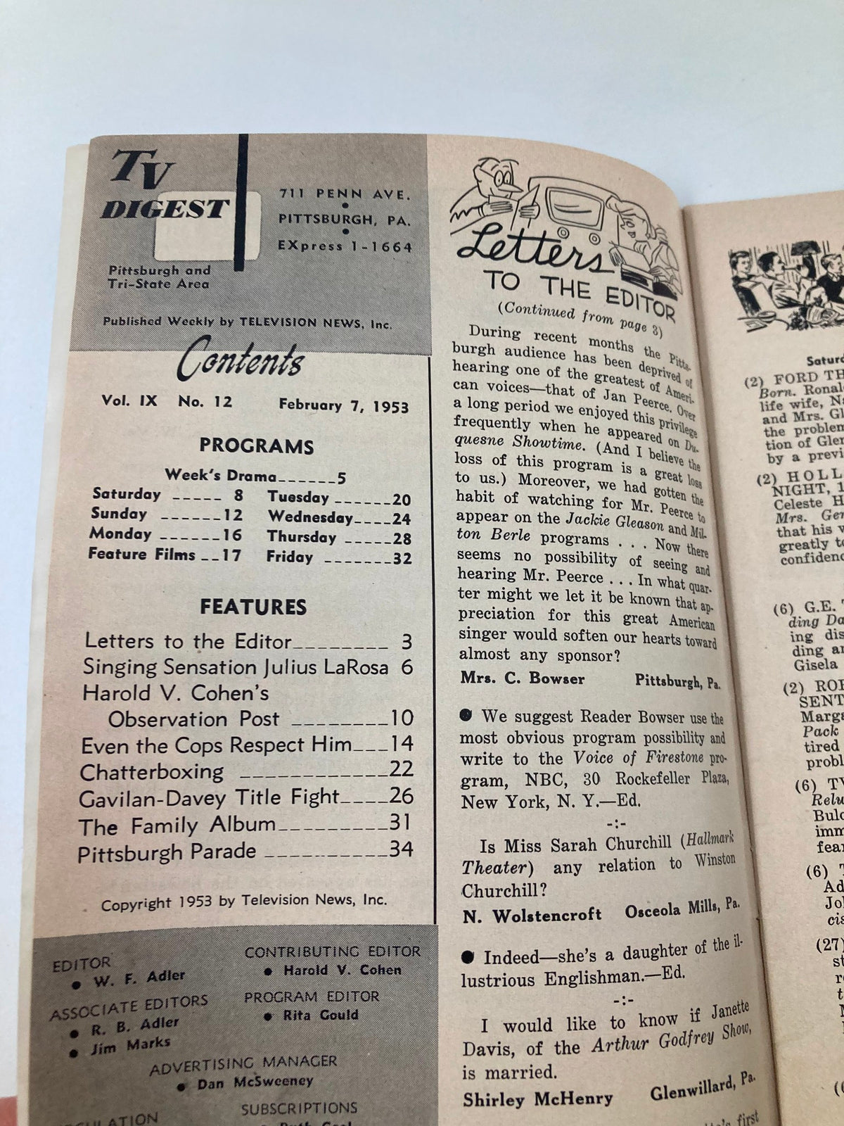 Inside contents page of TV Digest Magazine February 7, 1953, featuring programming and articles, Pittsburgh/Tri-State Edition.