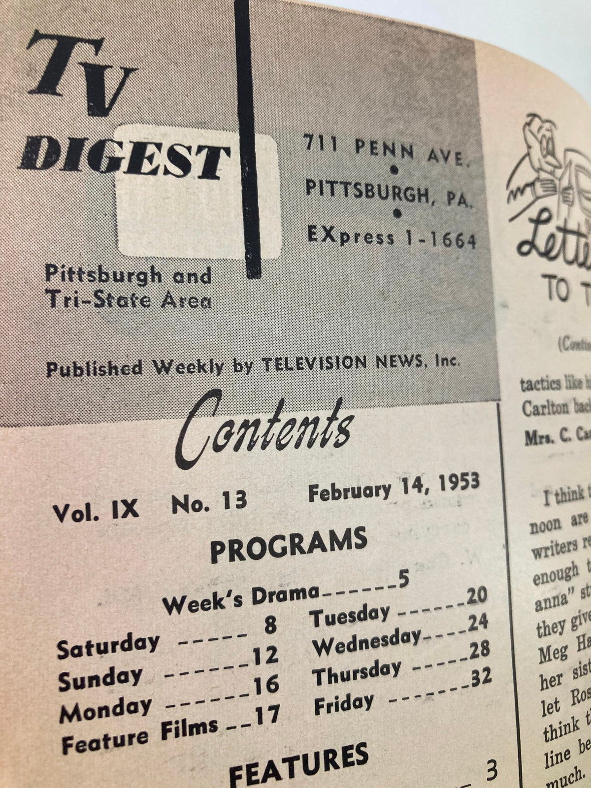 Another view of the contents page of TV Digest Magazine February 14 1953, listing various features and programs scheduled for the week, showcasing this collectible magazine's historical importance.