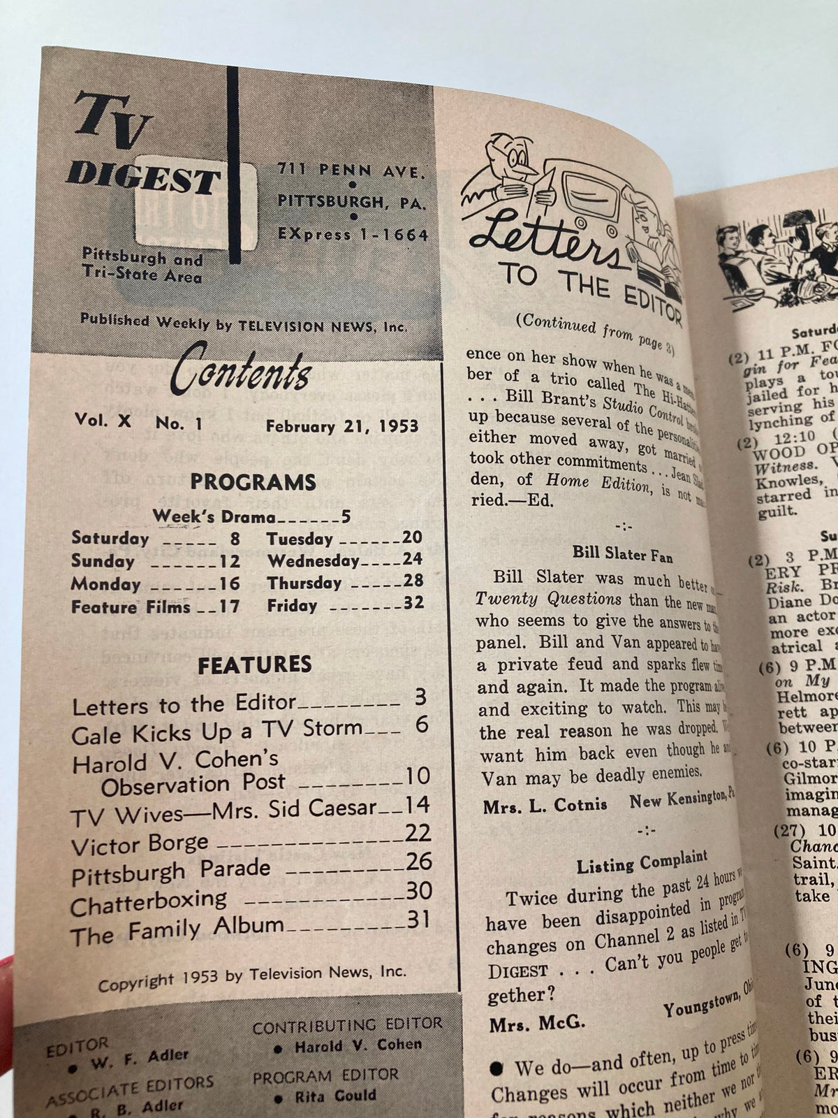 Inside page of TV Digest Magazine February 21 1953 displaying the table of contents with various TV shows and features listed.
