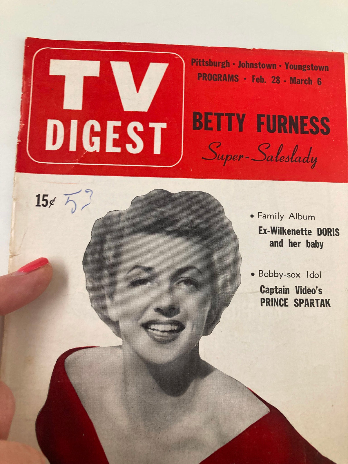Close-up of the TV Digest Magazine February 28 1953 cover featuring Betty Furness in a red dress. The magazine includes local TV listings for Pittsburgh, highlighting Doris Day and Captain Video.
