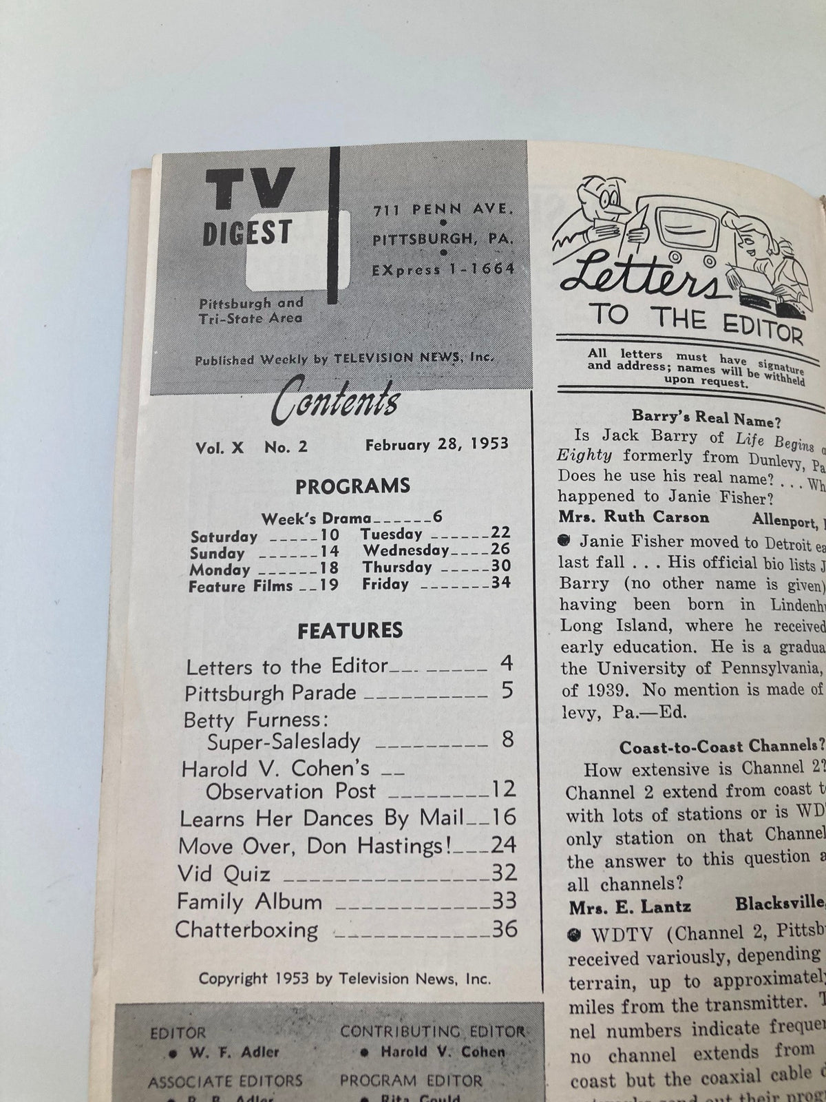 Contents page from TV Digest Magazine, February 28, 1953, showcasing features, program schedules, and editor letters.