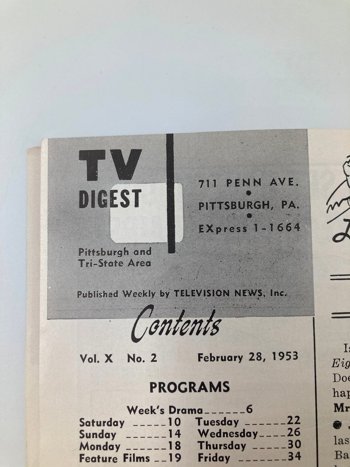 Another view of the contents page from TV Digest Magazine, February 28, 1953, highlighting local television programming information.