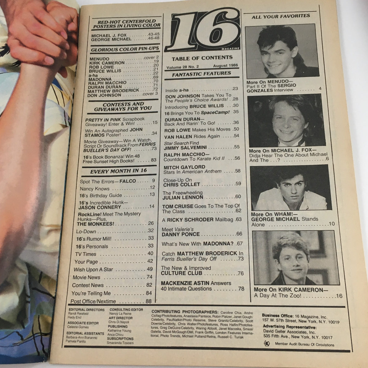 Table of contents from 16 Magazine August 1986 highlighting articles about celebrities including Michael J. Fox and Julian Lennon.