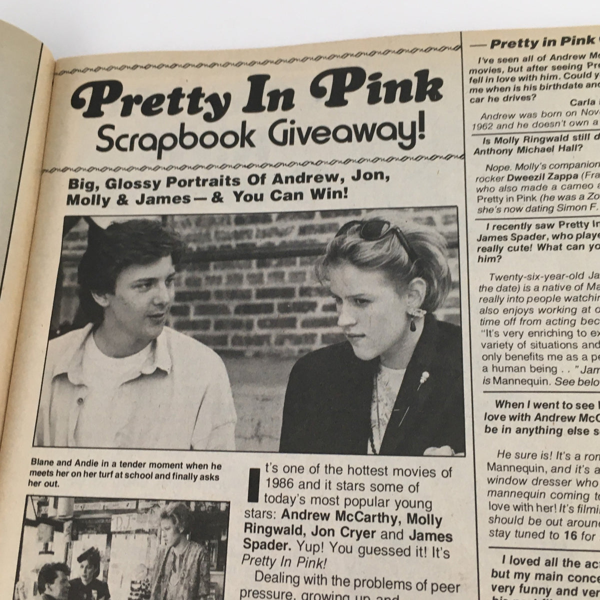 Feature article in 16 Magazine August 1986 about the movie Pretty In Pink, showcasing actors Andrew McCarthy and Molly Ringwald.