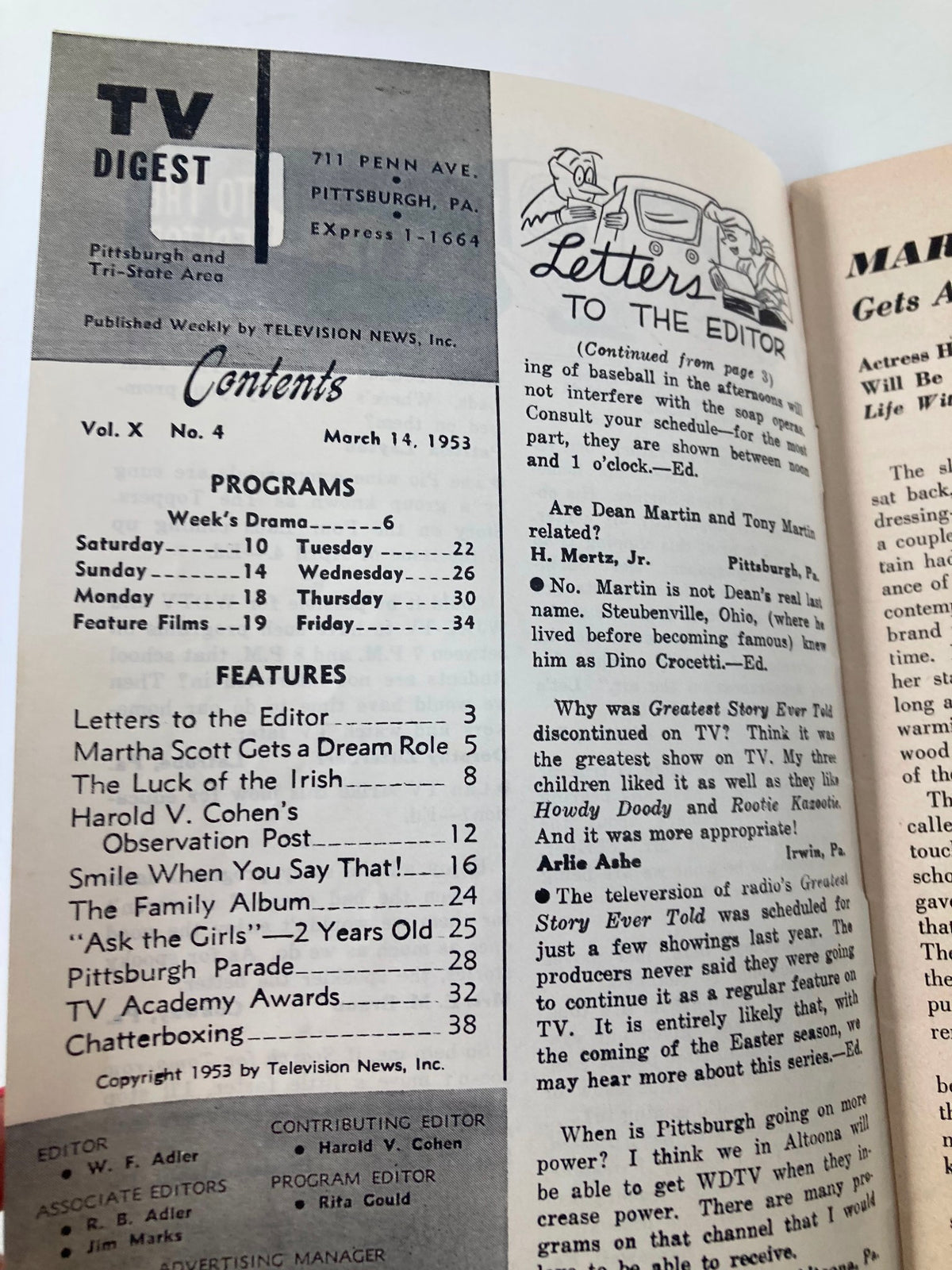 Inside page of TV Digest Magazine March 14 1953, displaying the contents section with program listings and editor letters from the Pittsburgh Tri-State area.