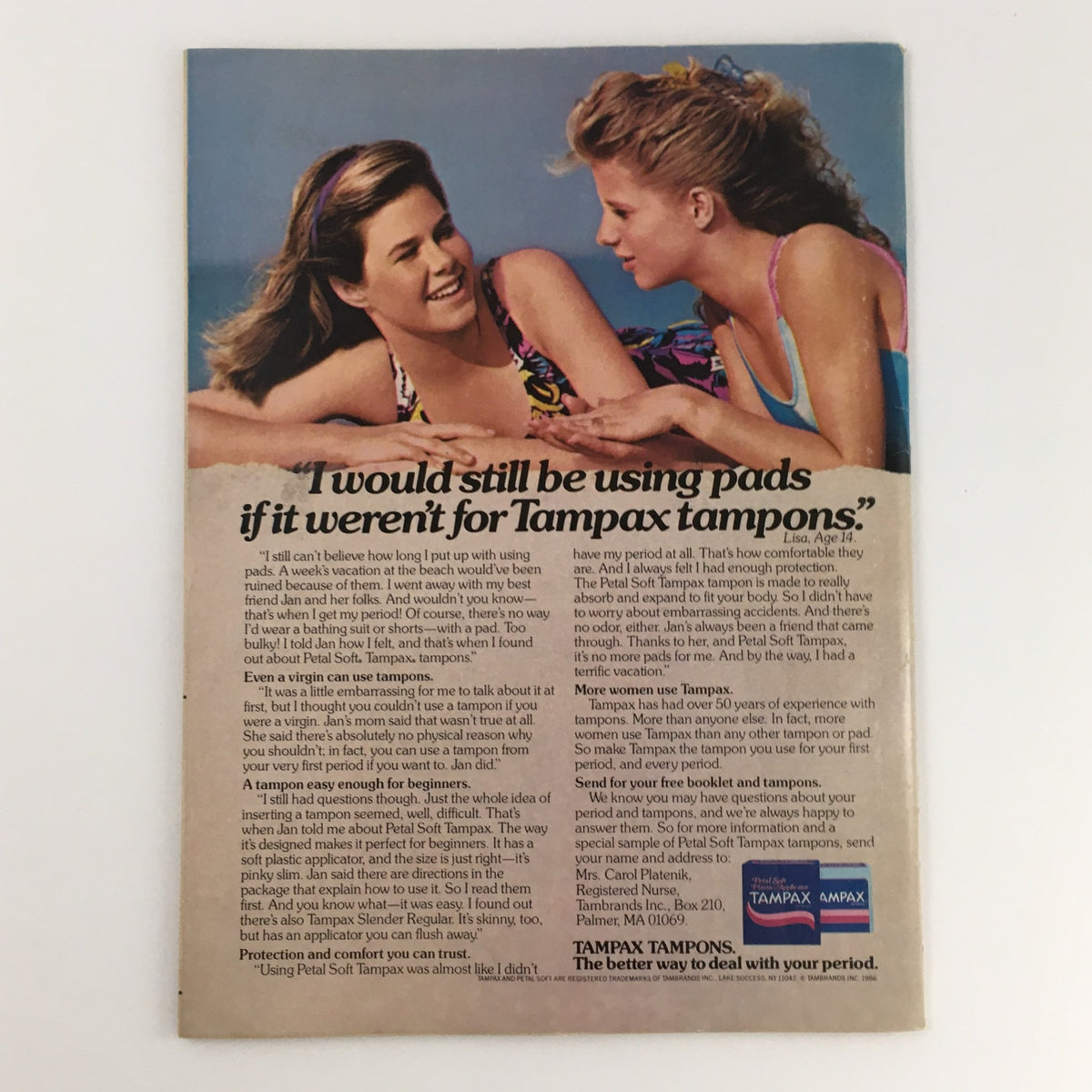 16 Magazine August 1986 advertisement for Tampax featuring two young women discussing feminine hygiene products, reflecting societal trends and norms of the era.