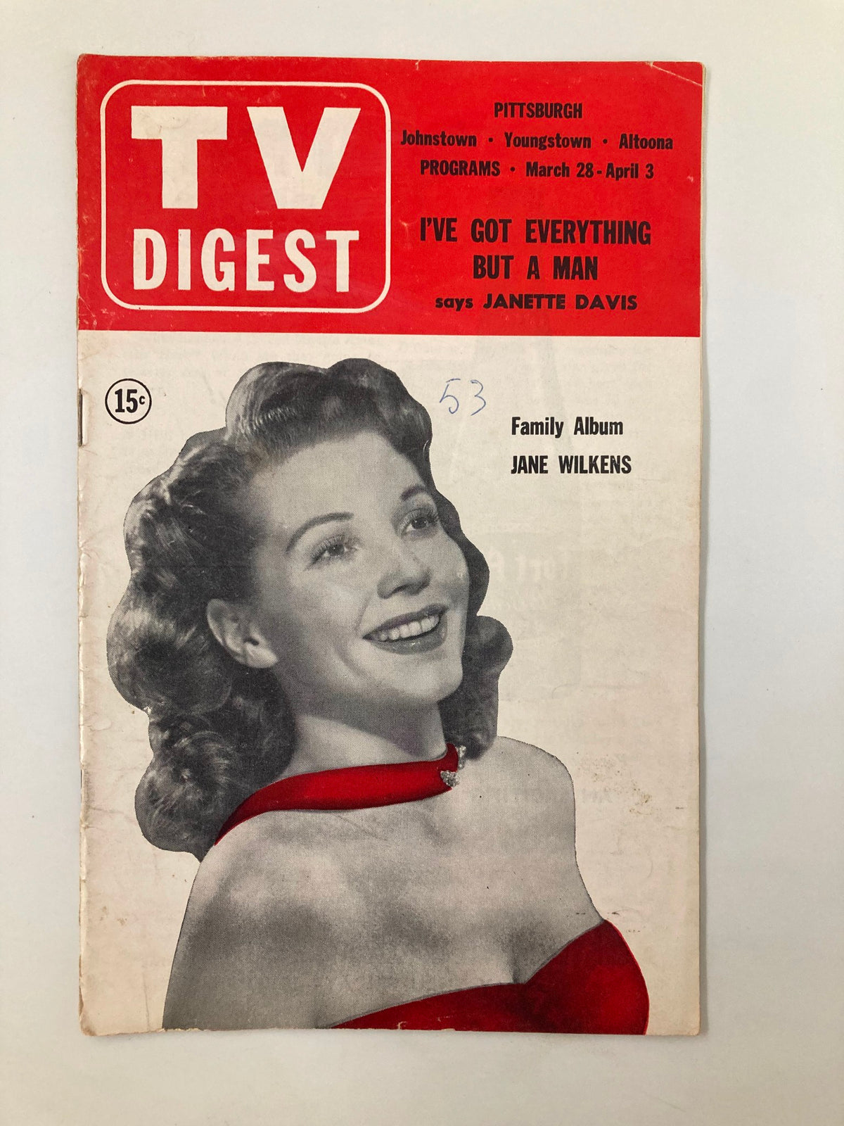 Cover of TV Digest Magazine March 28 1953 featuring Jane Wilkens, showcasing a vintage television theme and a striking red background.